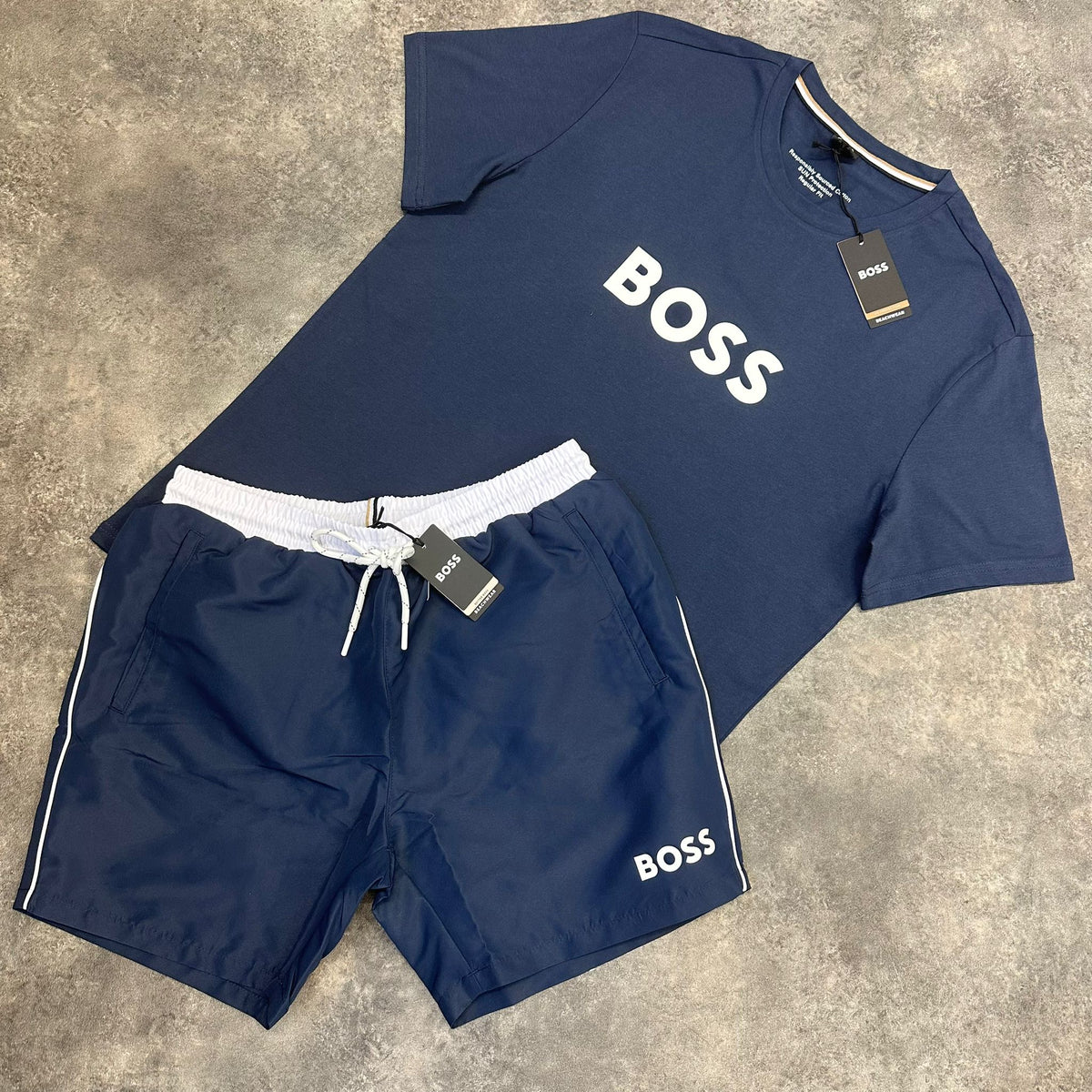 HUGO BOSS LOGO T-SHIRT & SIDE TRIM SWIM SHORTS SET NAVY & WHITE