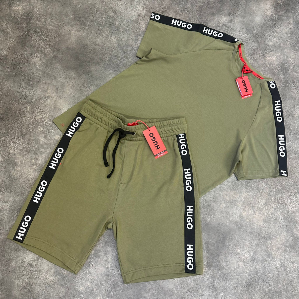 HUGO BOSS HUGO BLACK TRIM LOGO T-SHIRT & JERSEY SHORTS SET KHAKI