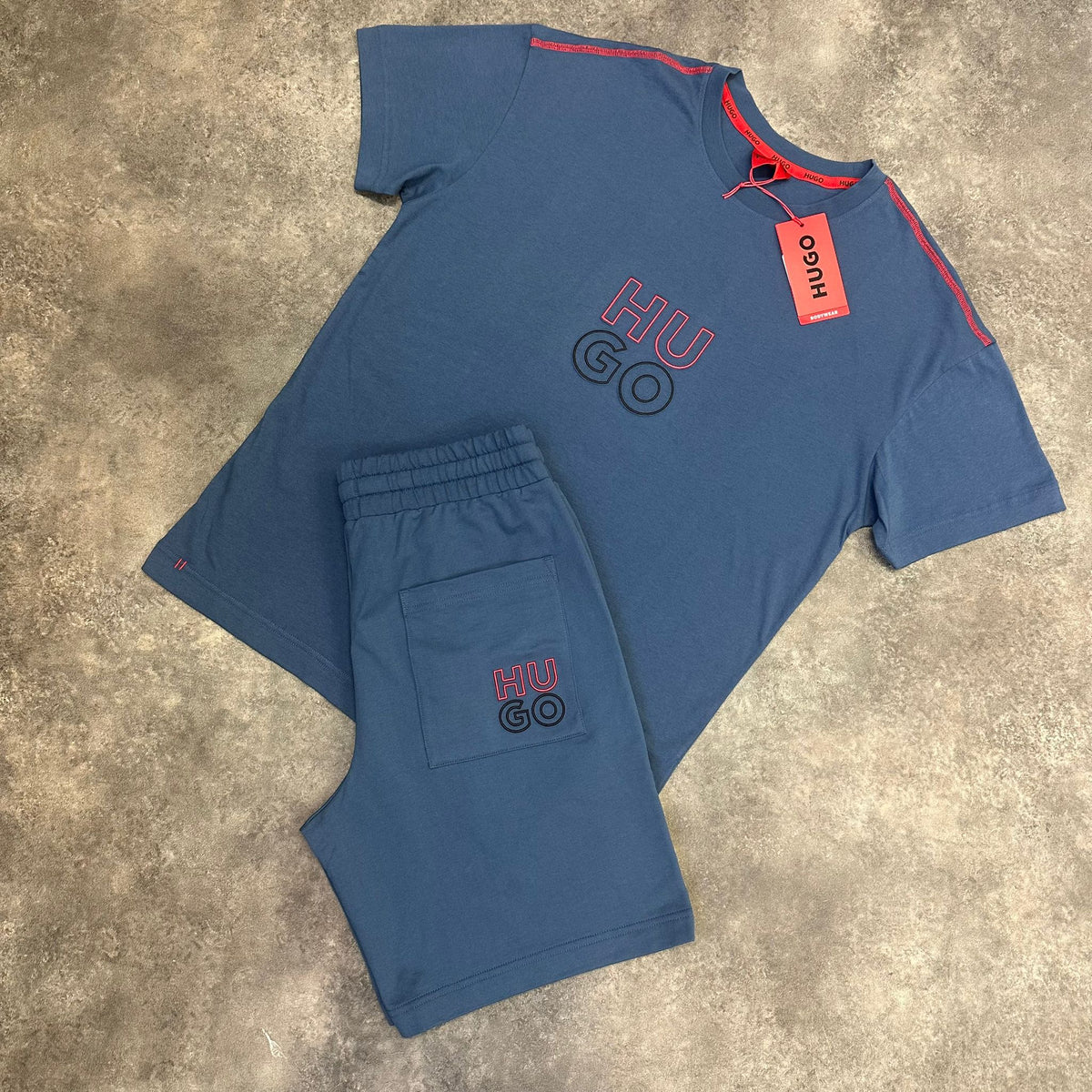 HUGO BOSS HUGO STACK LOGO T-SHIRT & JERSEY SHORTS SET BLUE