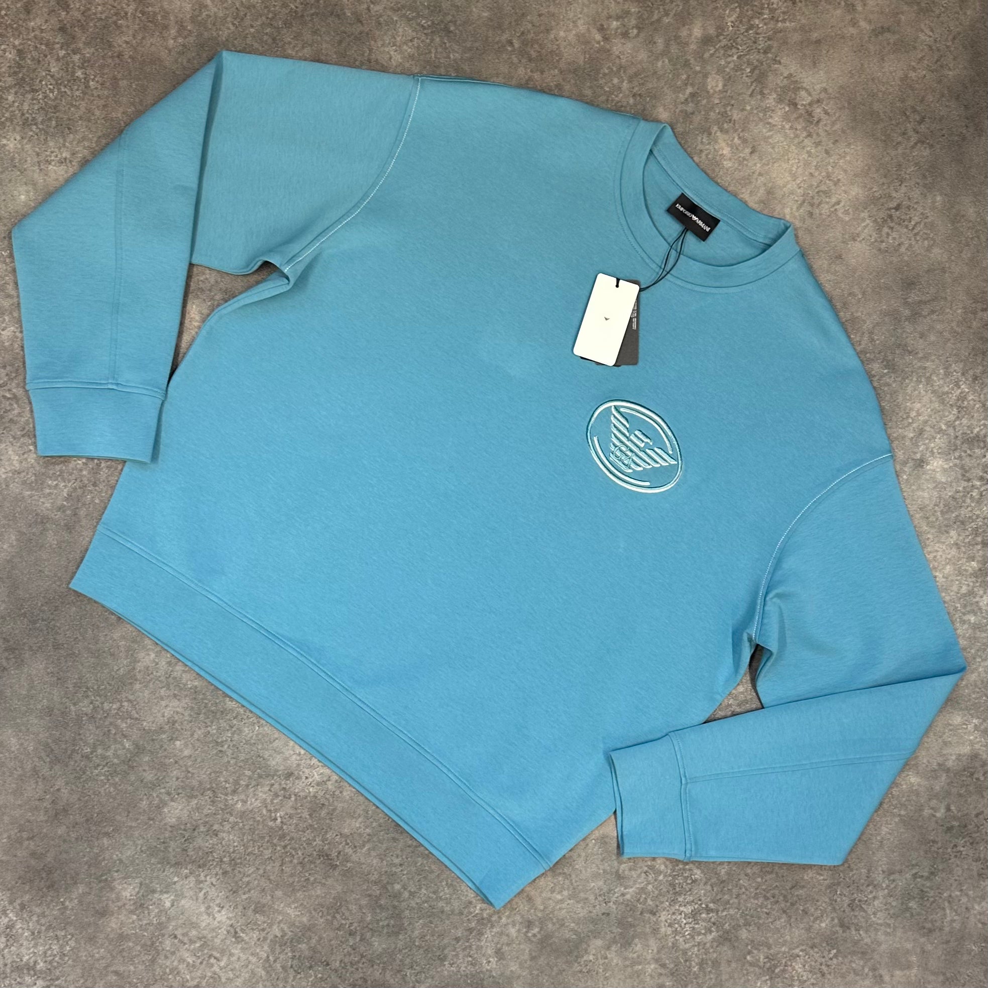 ARMANI EMBROIDED CHEST LOGO SWEATSHIRT TURQUOISE BLUE