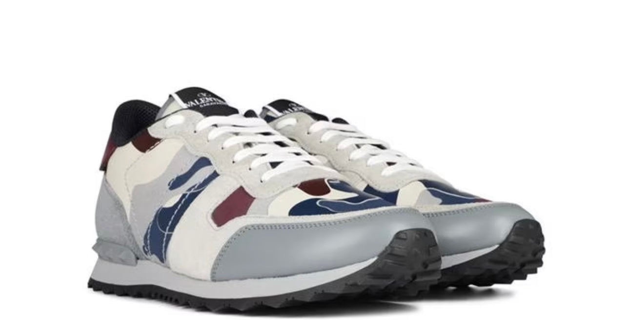 VALENTINO ROCKRUNNER LEATHER CAMO TRAINERS GREY / STONE