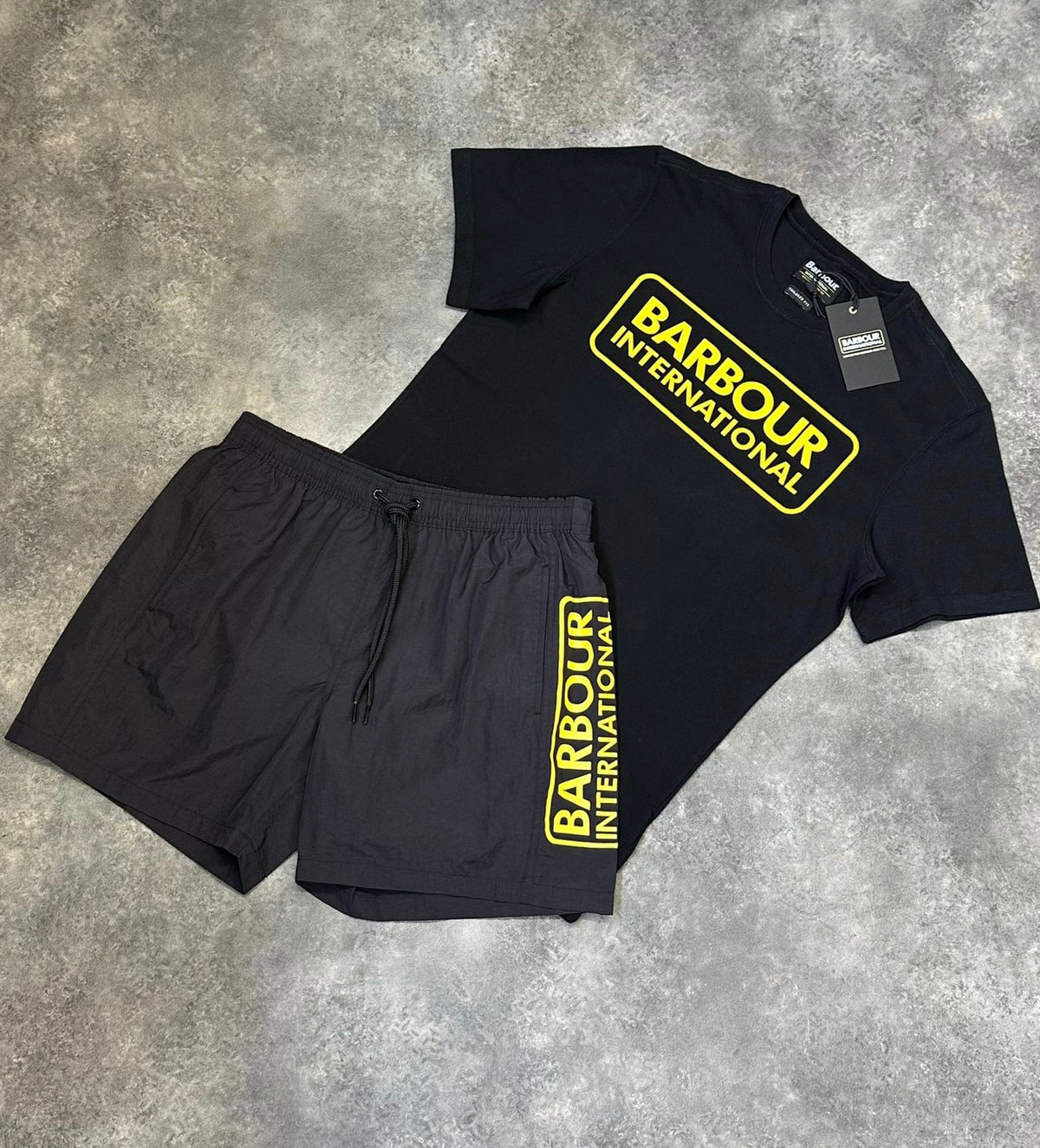 BARBOUR INTERNATIONAL LARGE LOGO T-SHIRT & SWIM SHORTS SET BLACK