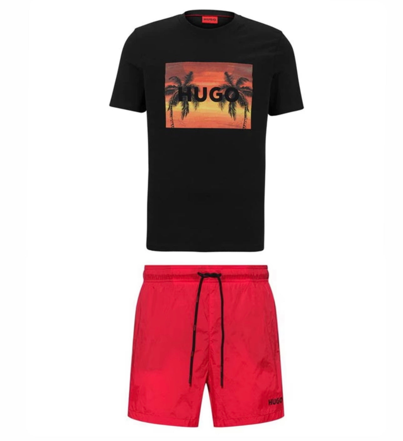 HUGO BOSS HUGO SUNSET T-SHIRT & SWIM SHORTS SET BLACK / RED