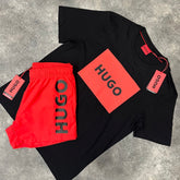 HUGO BOSS HUGO LARGE SQUARE T-SHIRT & VERTICAL LOGO SWIM SHORTS SET BLACK & RED