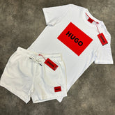HUGO BOSS HUGO LARGE BOX LOGO T-SHIRT & SMALL PATCH SWIM SHORTS SET WHITE