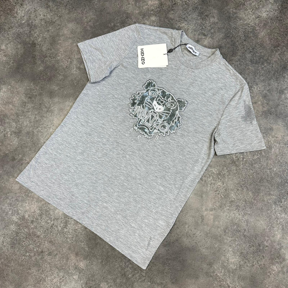 KENZO VELOUR EMBROIDERED TIGER T-SHIRT GREY