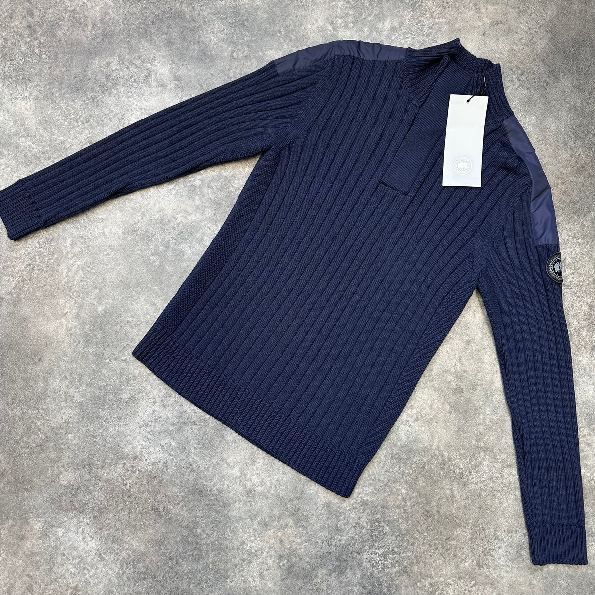 CANADA GOOSE FUNNEL NECK RIBBED SWEATER NAVY BLUE