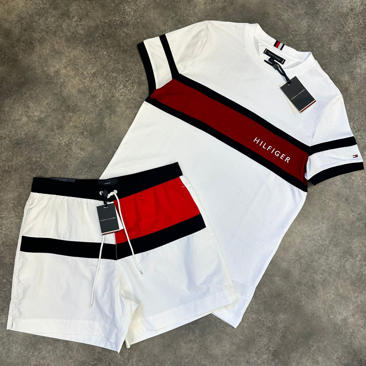 TOMMY HILFIGER COLOUR BLOCK T-SHIRT & SWIM SHORTS SET WHITE