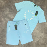 HUGO BOSS TECH STRETCH JERSEY T-SHIRT & SHORTS SET CIRCLE LOGO SKY BLUE