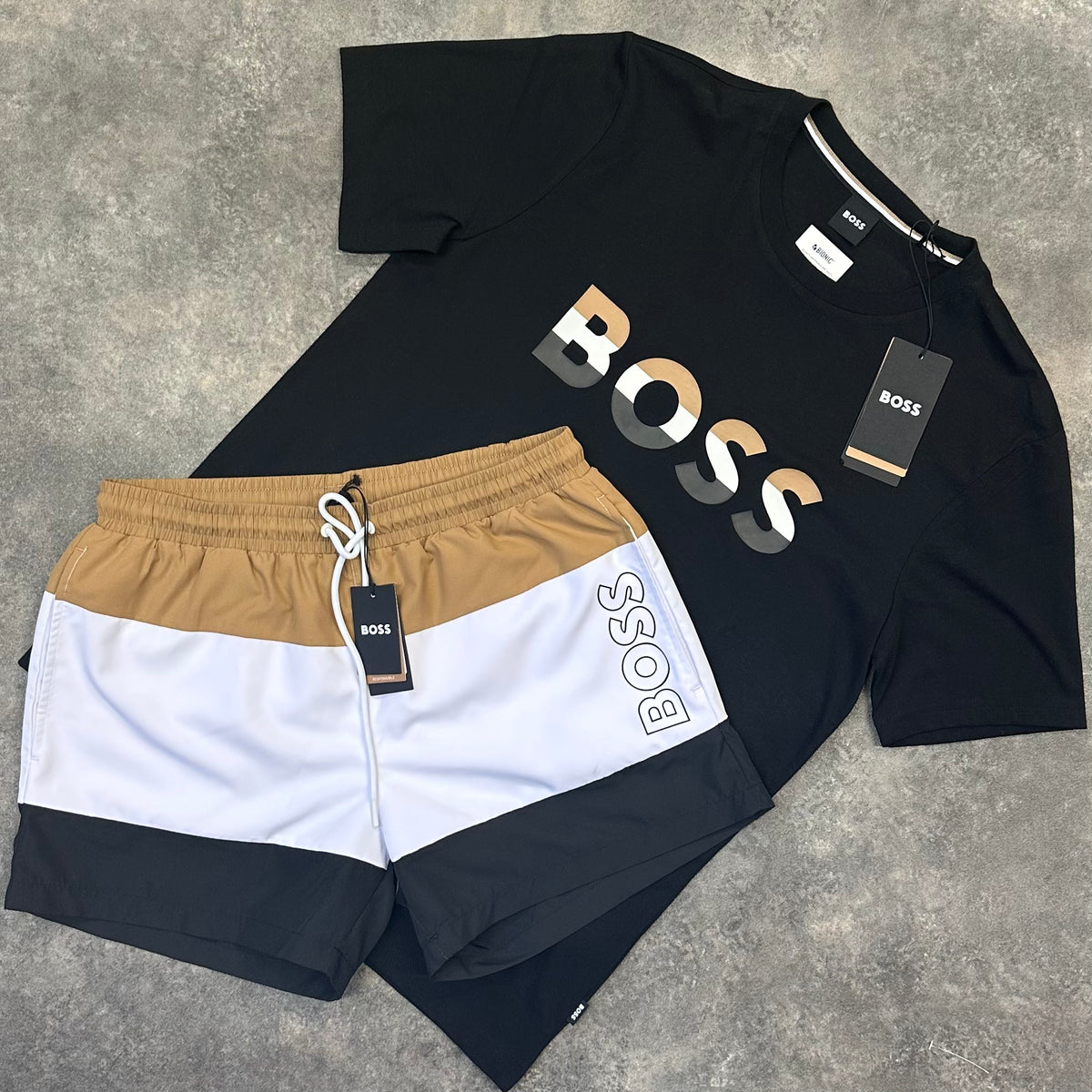 HUGO BOSS TRI LOGO T-SHIRT & TRI SWIM SHORTS BLACK