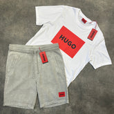 HUGO BOSS HUGO BIG PATCH LOGO T-SHIRT & DYE TREATMENT SHORTS SET WHITE / GREY