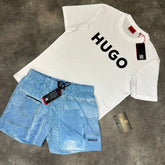 HUGO BOSS HUGO BIG LOGO T-SHIRT & SWIM SHORTS SET WHITE / DENIM BLUE