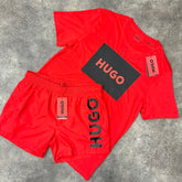 HUGO BOSS HUGO BIG LOGO T-SHIRT & VERTICAL LOGO SWIM SHORTS SET RED & BLACK