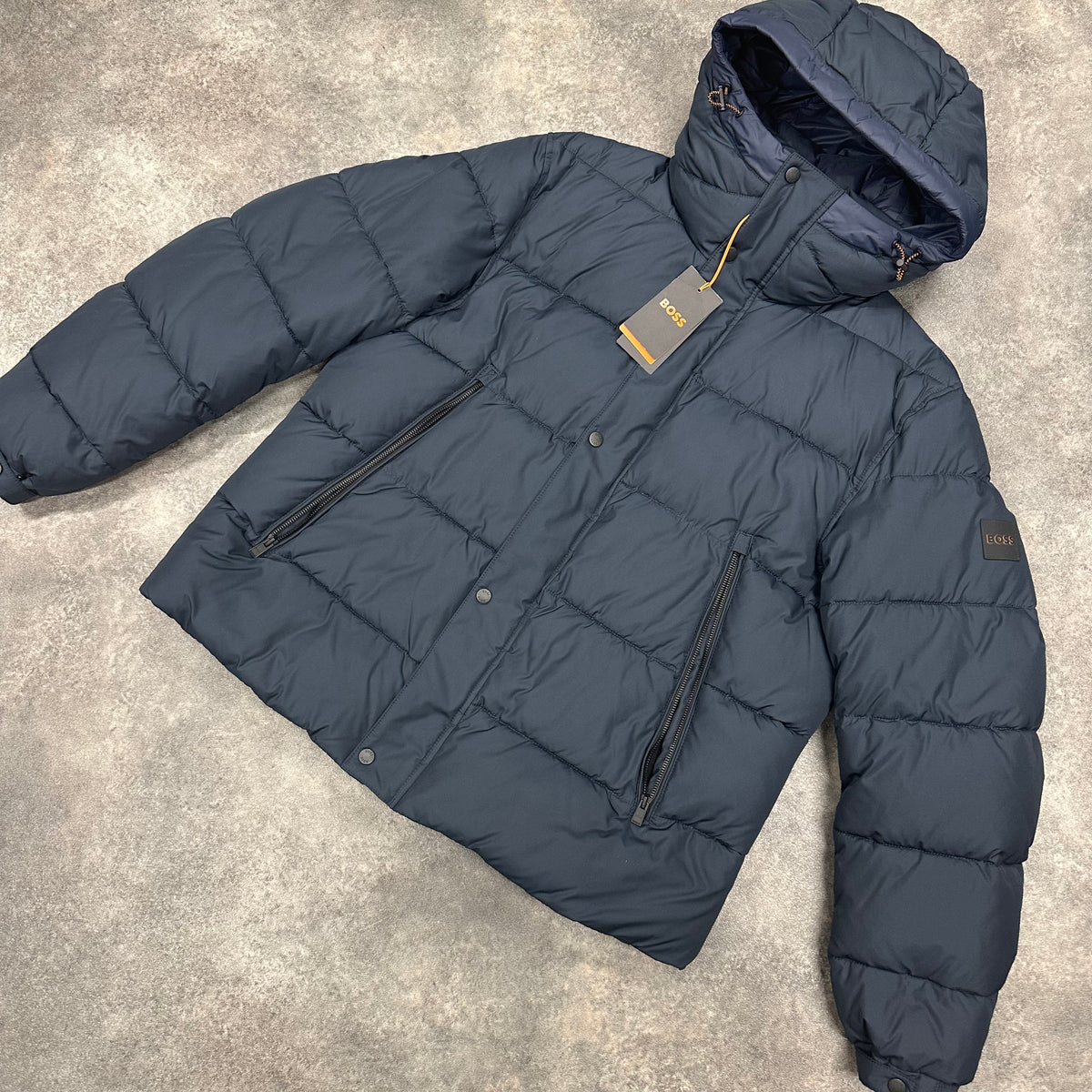 HUGO BOSS HOODED PUFFER JACKET NAVY BLUE