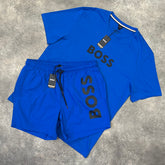 HUGO BOSS BIG LOGO SWIM SHORTS & T-SHIRT SET BLUE / BLACK